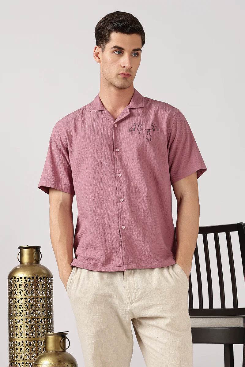 Playful Paws Cotton Box Fit Pink Embroidered Shirt