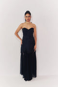 Midnight jacquard strapless dress with sheer skirt