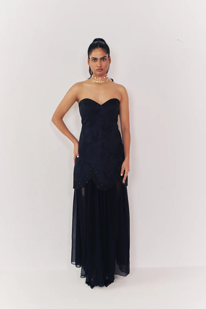 Midnight jacquard strapless dress with sheer skirt