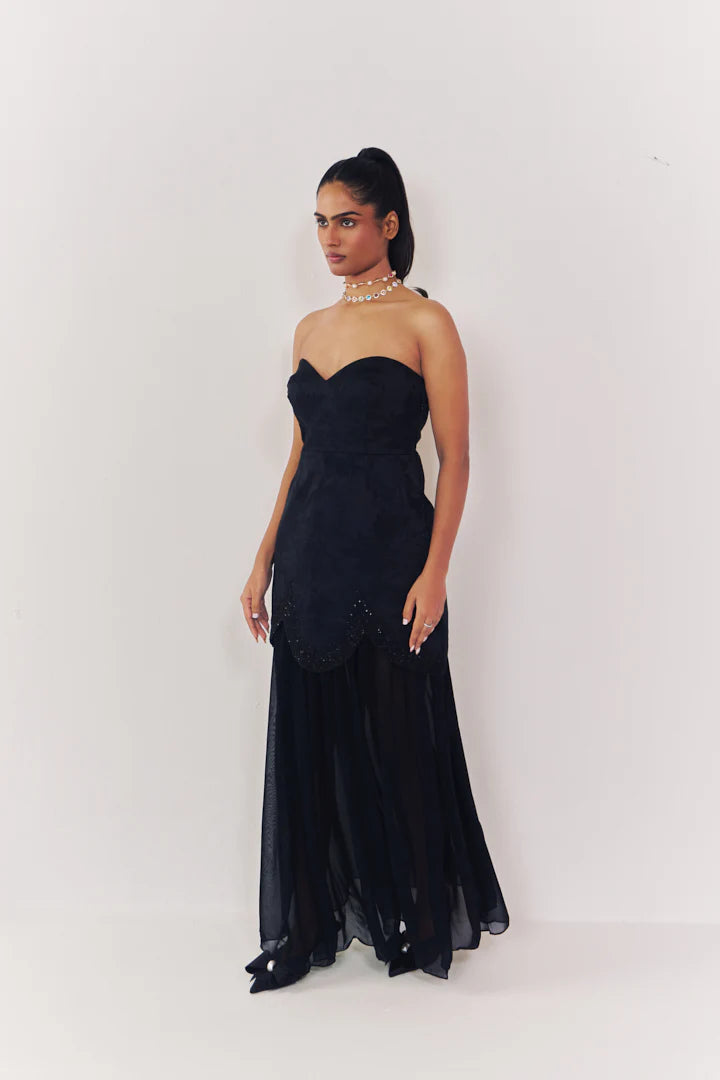 Midnight jacquard strapless dress with sheer skirt