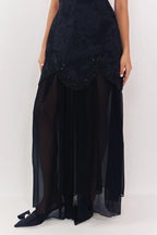 Midnight jacquard strapless dress with sheer skirt