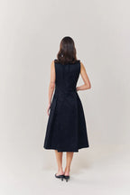 Midnight jacquard midi dress with leather collar