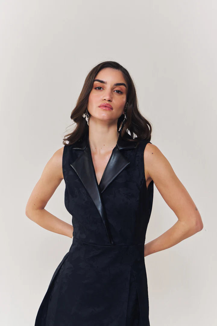 Midnight jacquard midi dress with leather collar