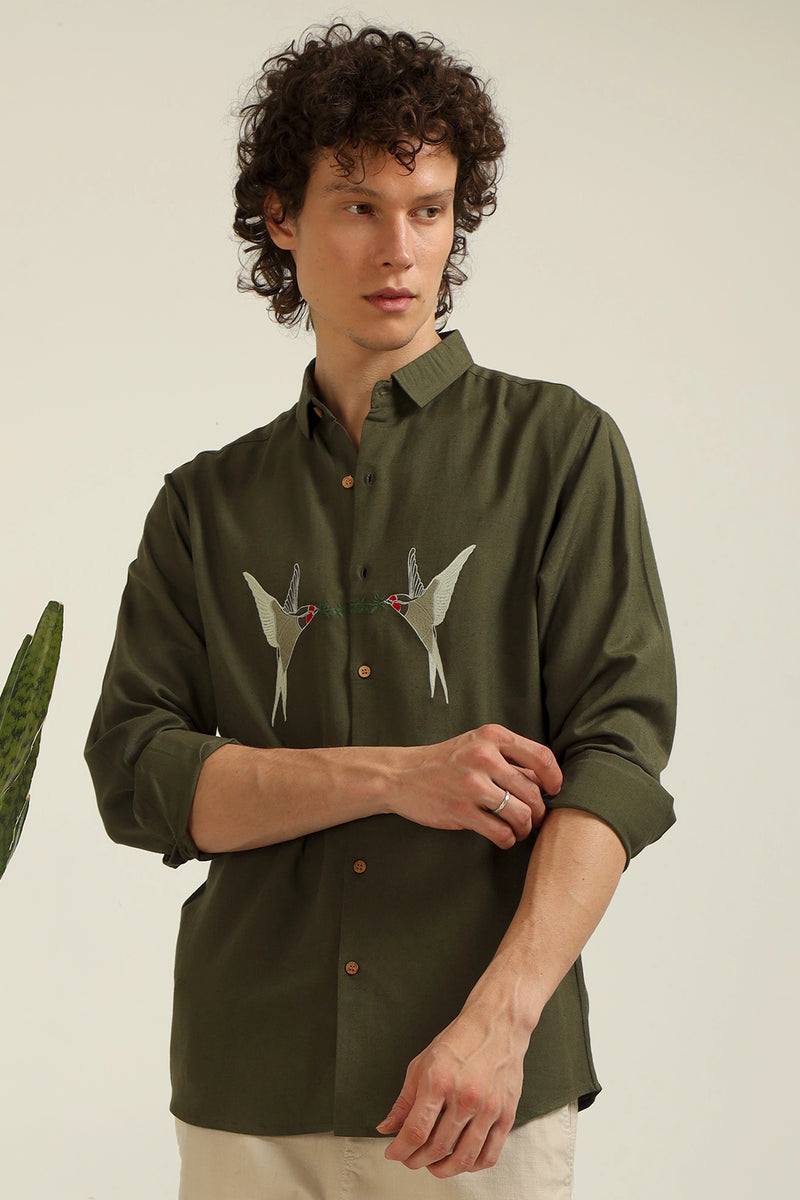 Birds of Heaven Embroidery Linen Shirt