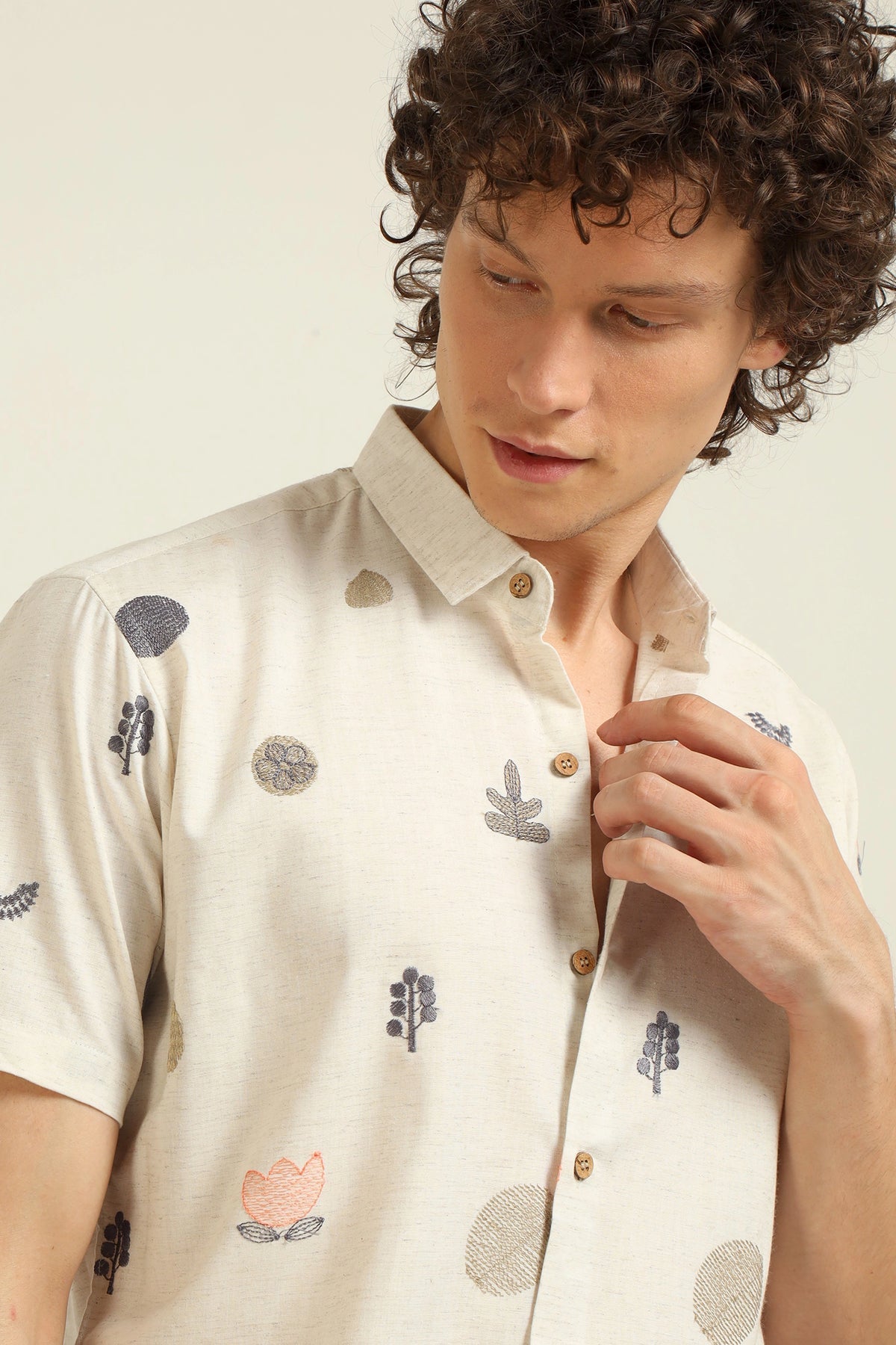 All-over Embroidery Half-sleeve Cotton Shirt