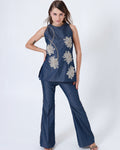 Denim Halter Neck Floral Pearl and Dapka Work Co-ord