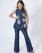 Denim Halter Neck Floral Pearl and Dapka Work Co-ord