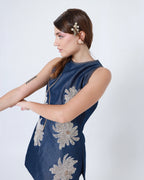 Denim Halter Neck Floral Pearl and Dapka Work Co-ord
