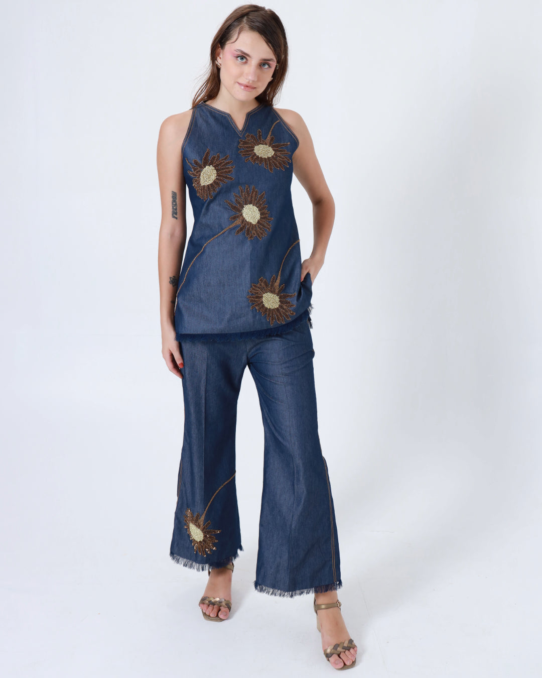 Denim Halter Neck Sunflower