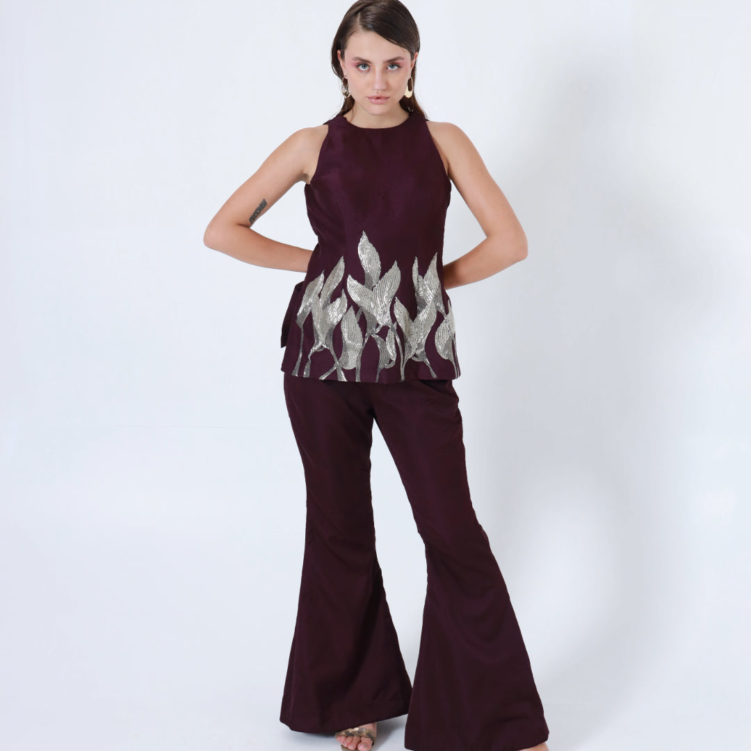 Wine Halter Neck Silver and Grey Leaves Co-ord