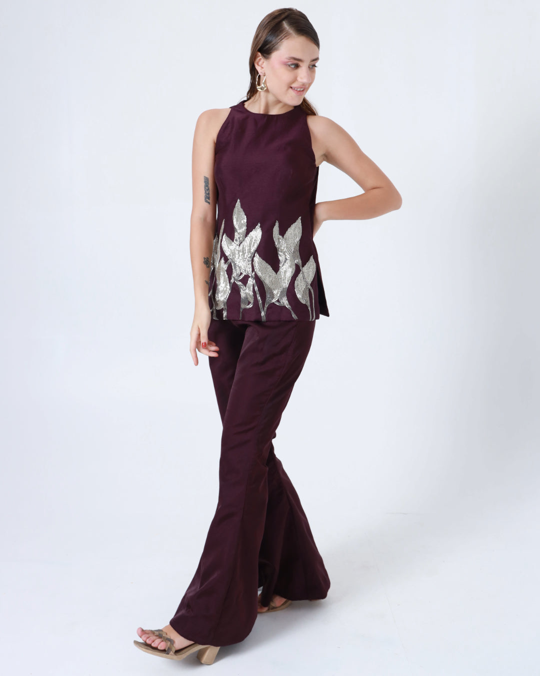 Wine Halter Neck Silver and Grey Leaves Co-ord