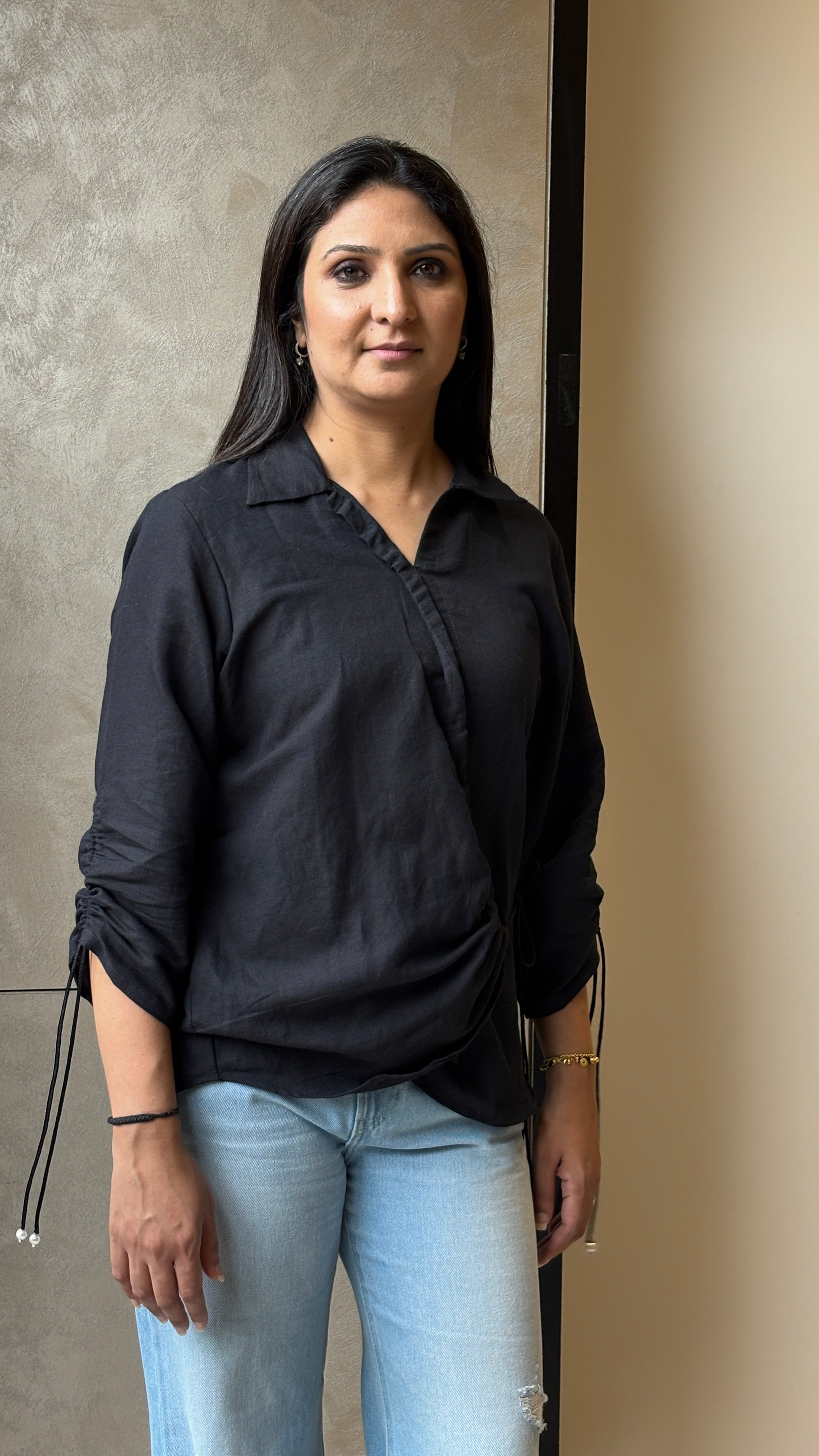Black Linen Drawstring Shirt