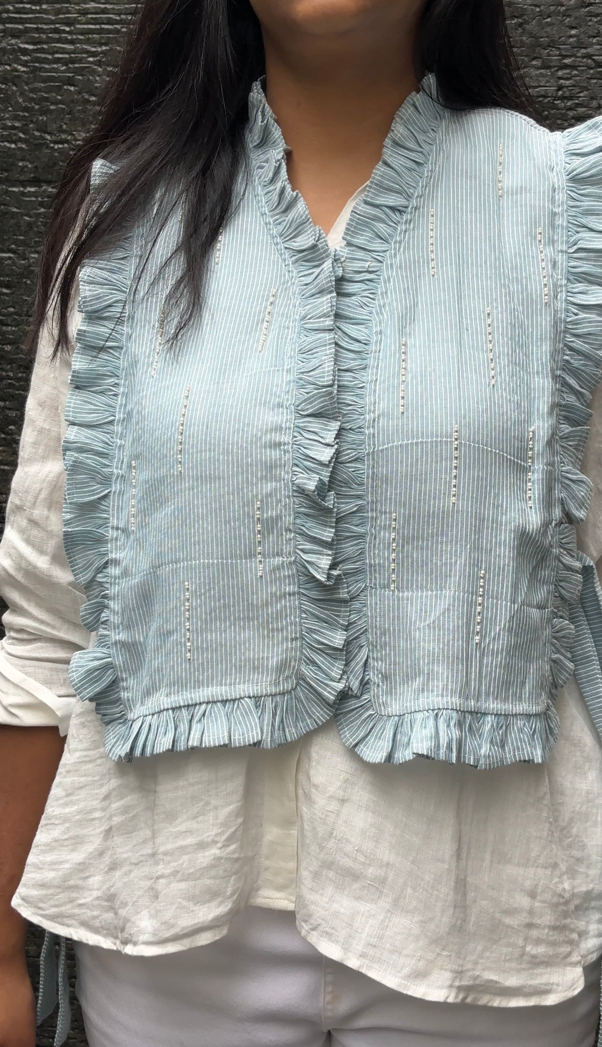 Blue Frill Pearl Vest