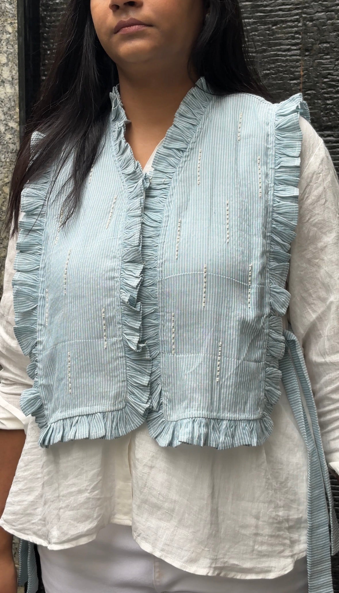 Blue Frill Pearl Vest