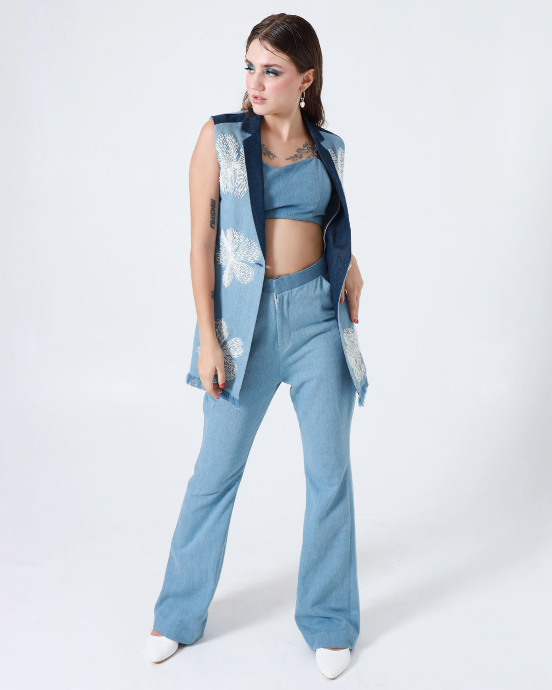 Denim Blue Frill Jacket, Bustier and Pants