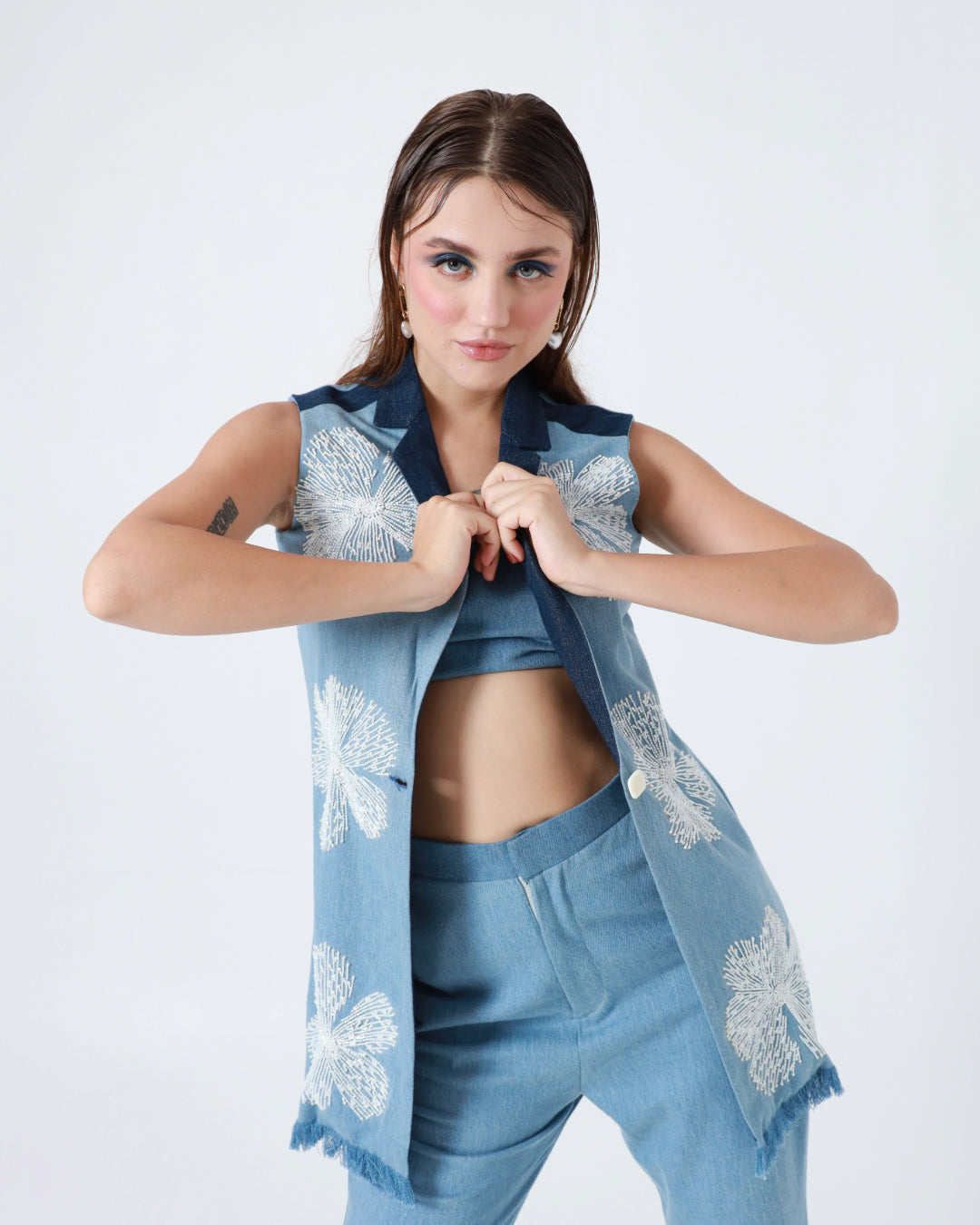 Denim Blue Frill Jacket, Bustier and Pants