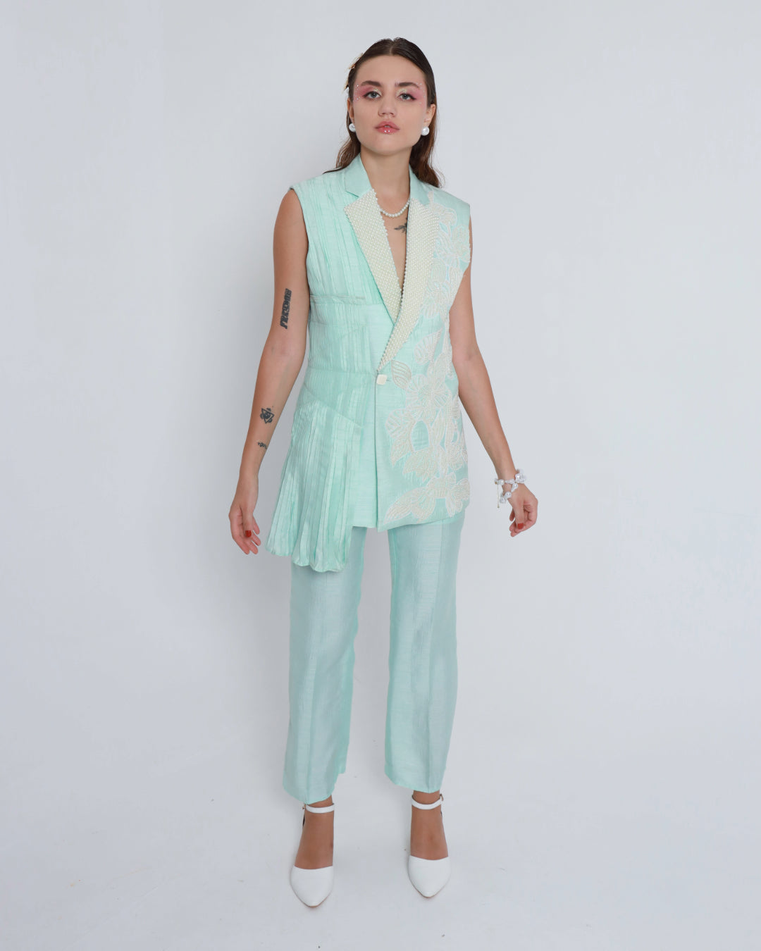 Pale Turquoise One Side Pleated Co-ord