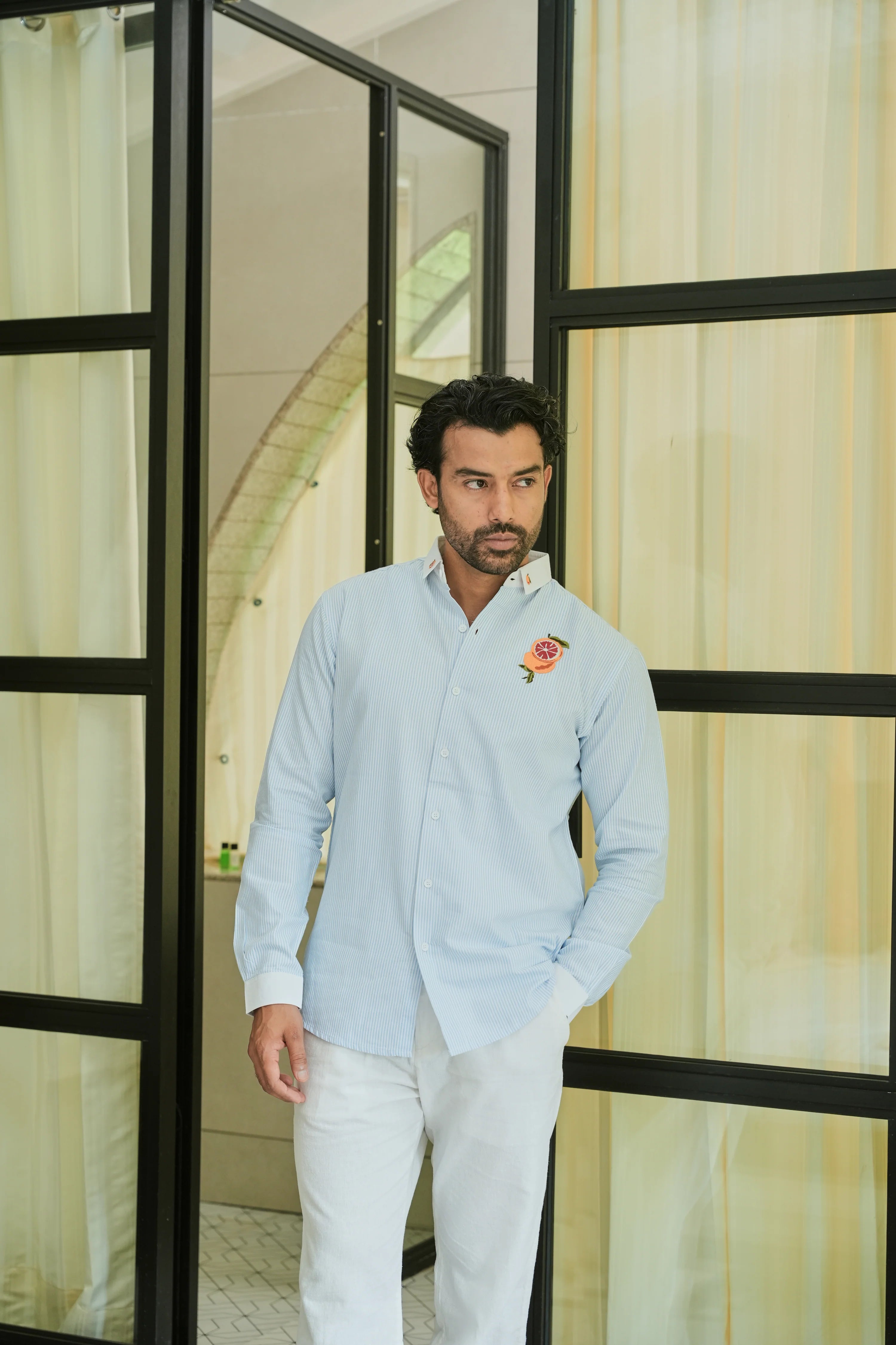 Citrus Bloom Striped Embroidery Shirt