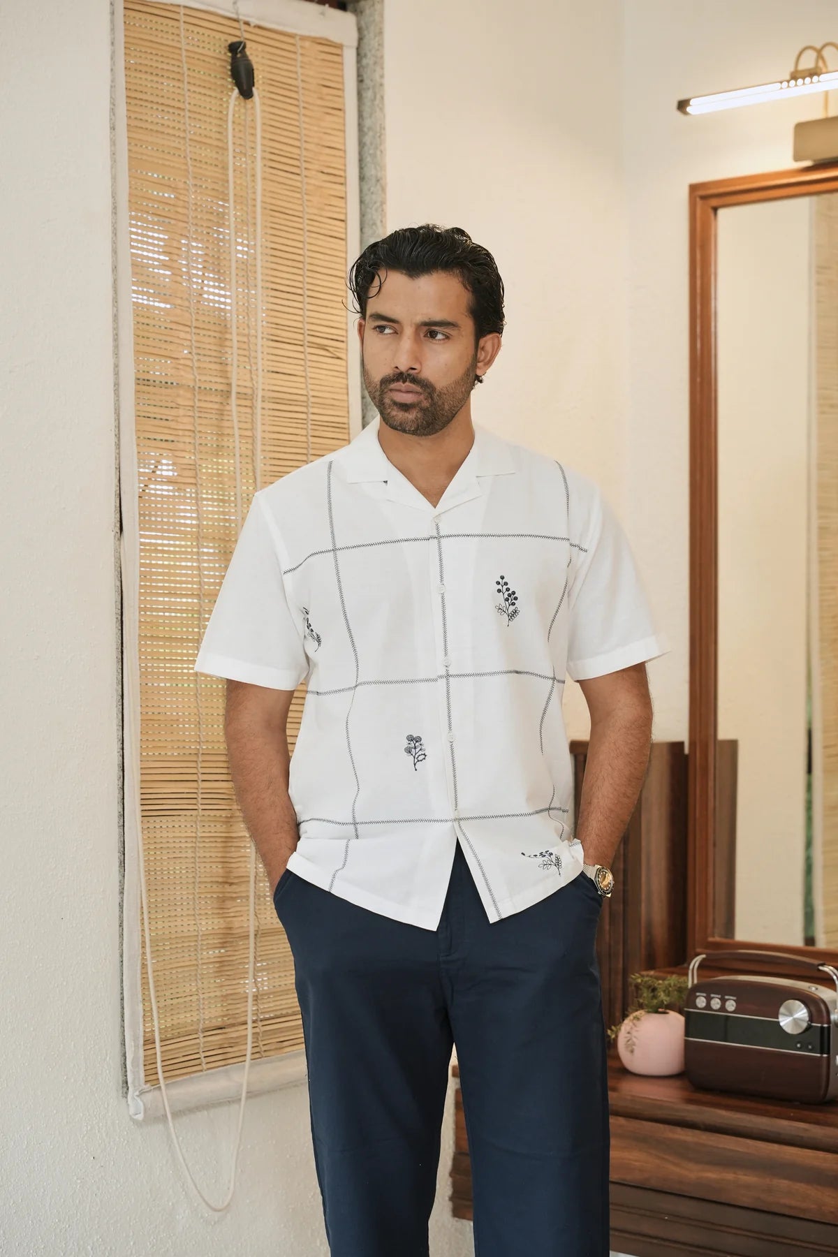 Coastal Grid Embroidered Cuban White Shirt