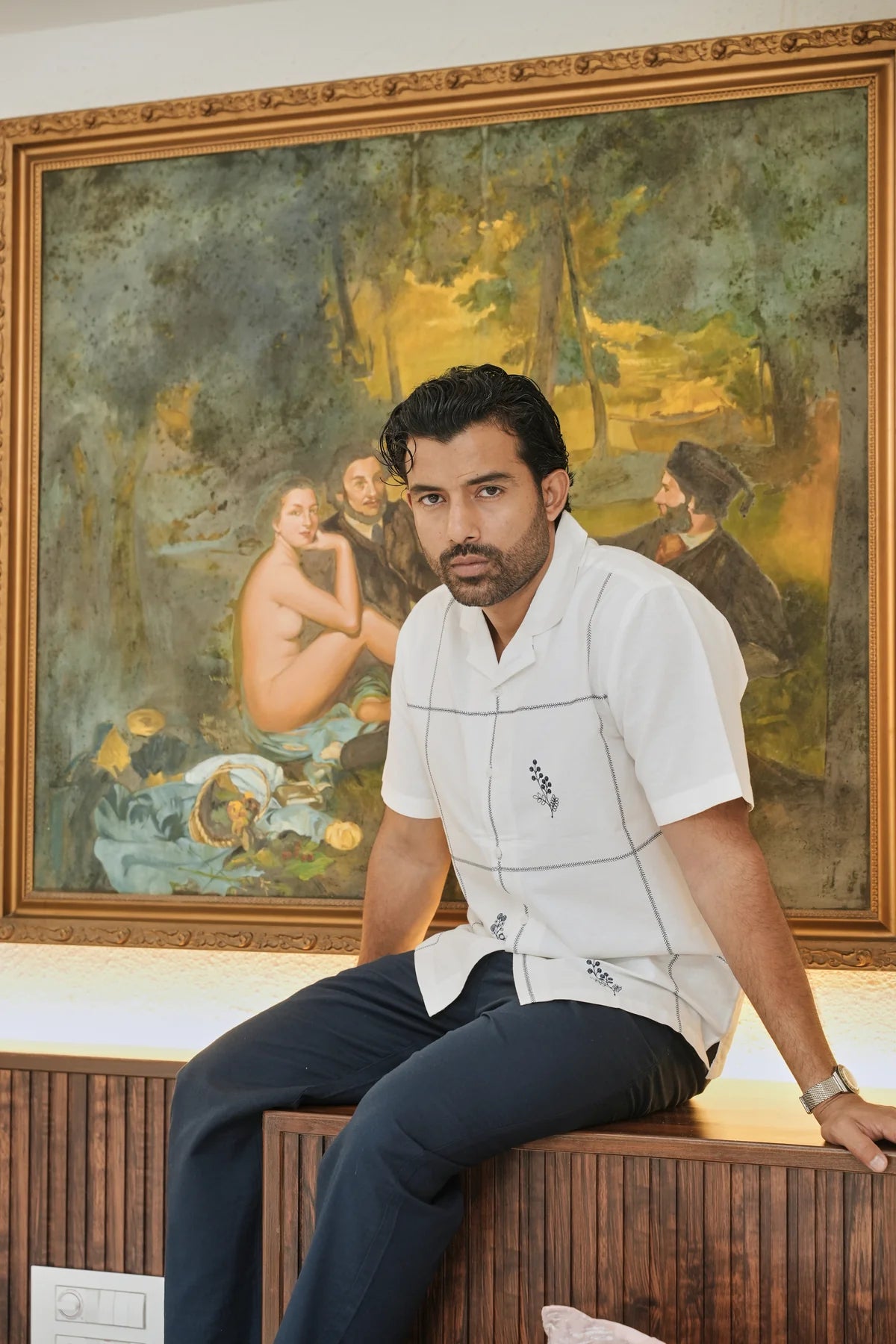 Coastal Grid Embroidered Cuban White Shirt