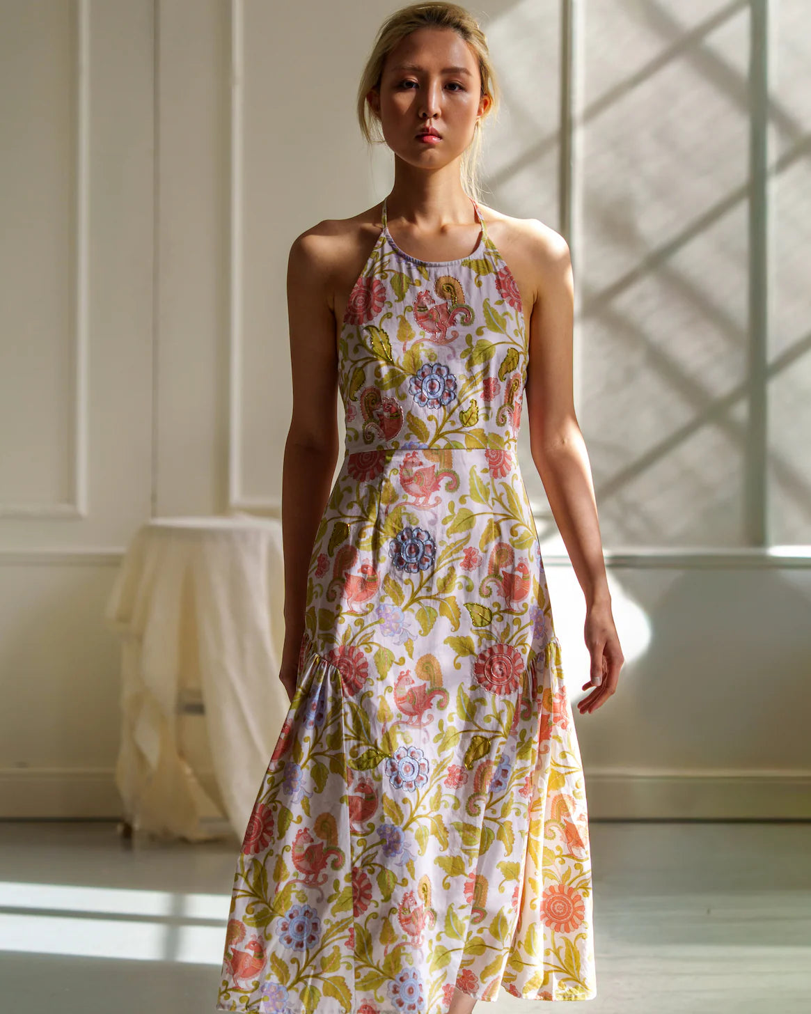 Kalamkari Mor Backless Halter Dress