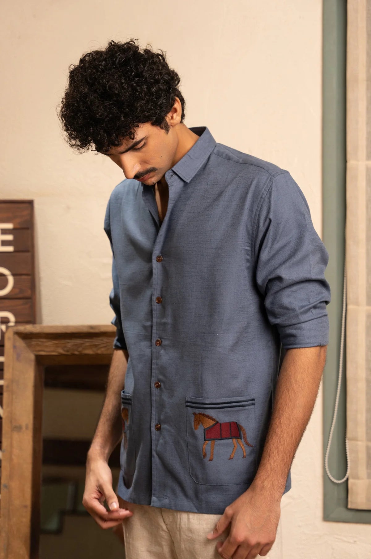 Cavallo Deep Blue Full Sleeves Embroidery Shirt