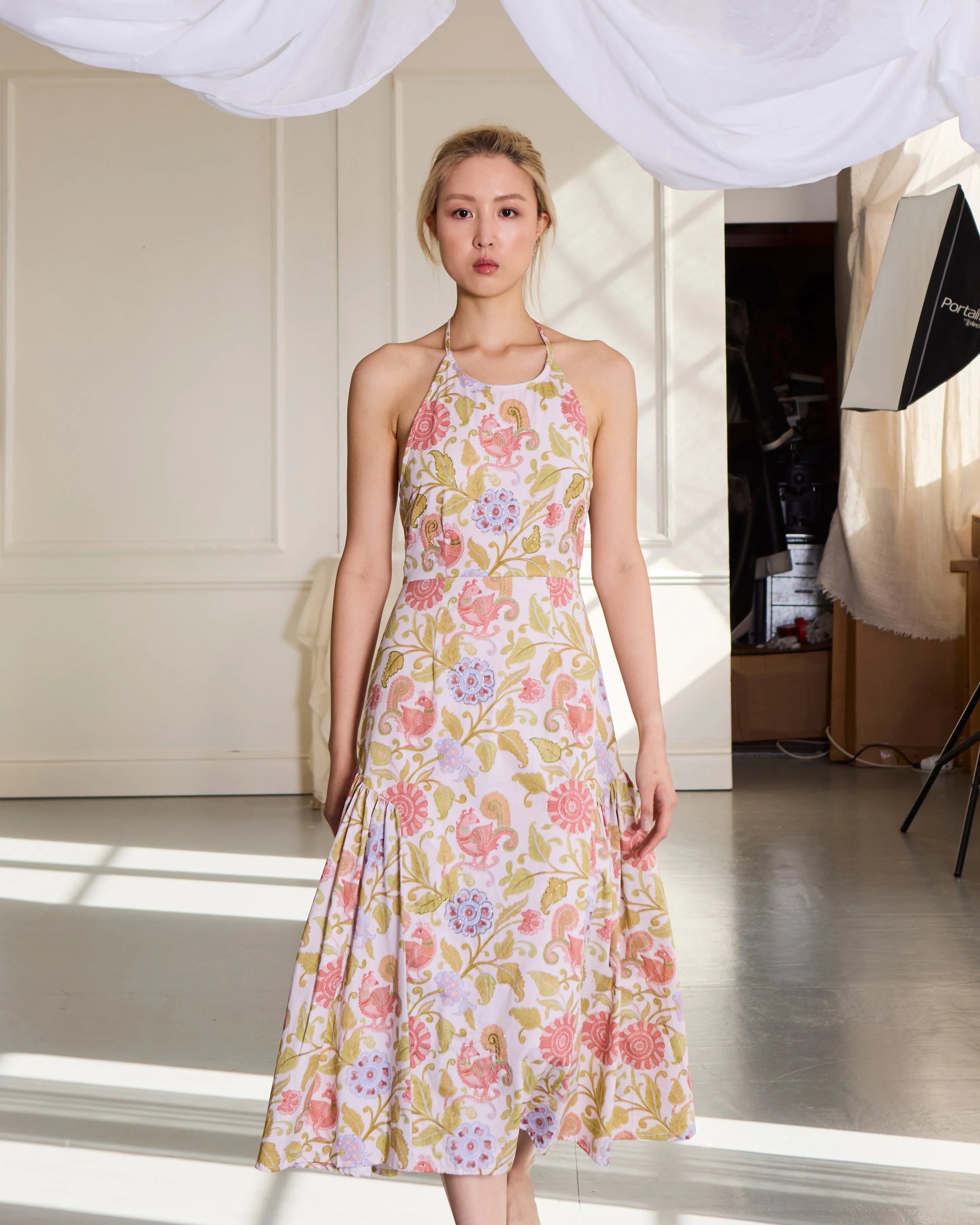 Kalamkari Mor Backless Halter Dress