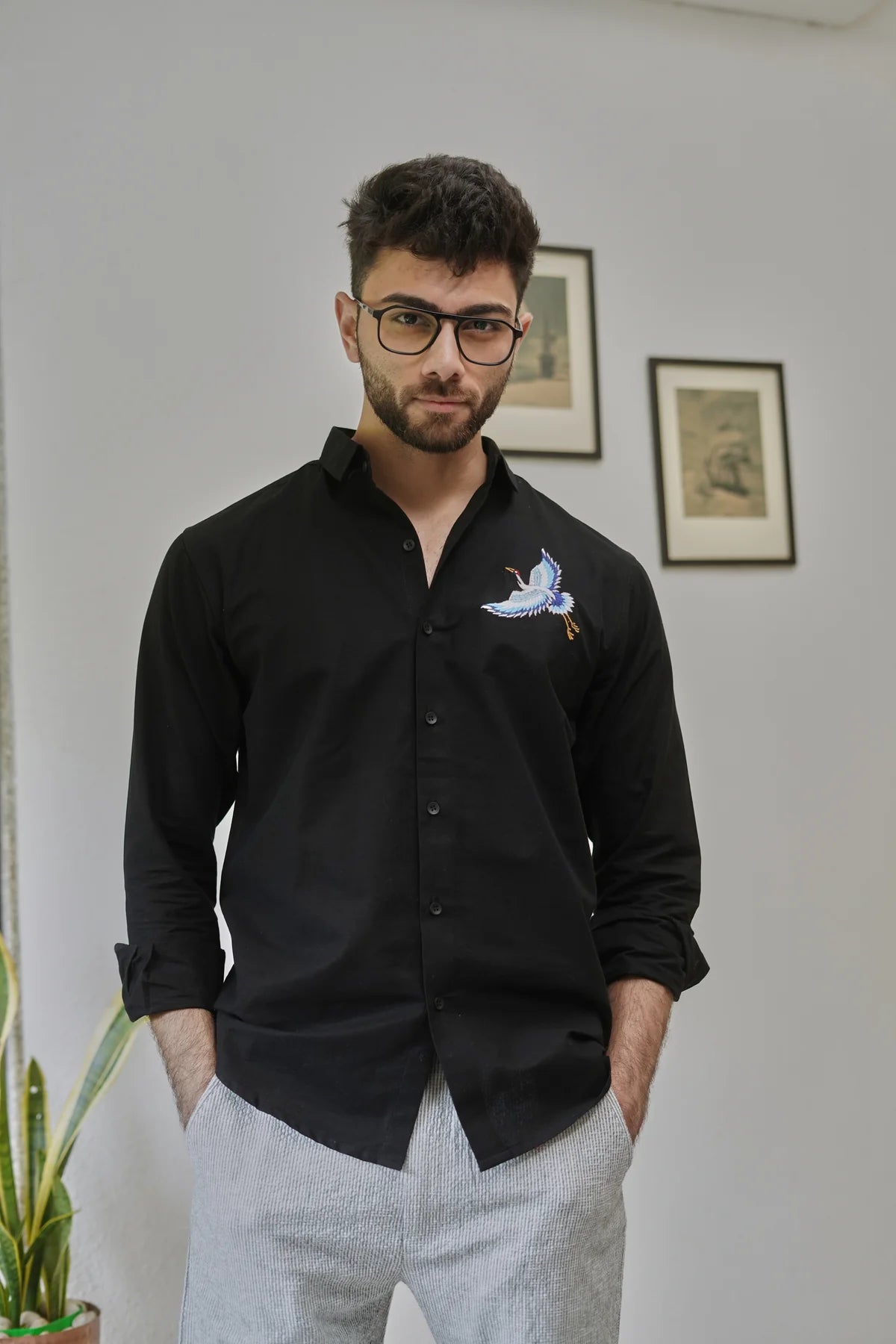 Flight of Heron Black Embroidered Shirt