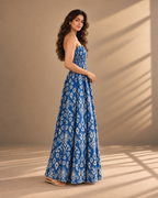 Aerial flowing blue and white maxi dress